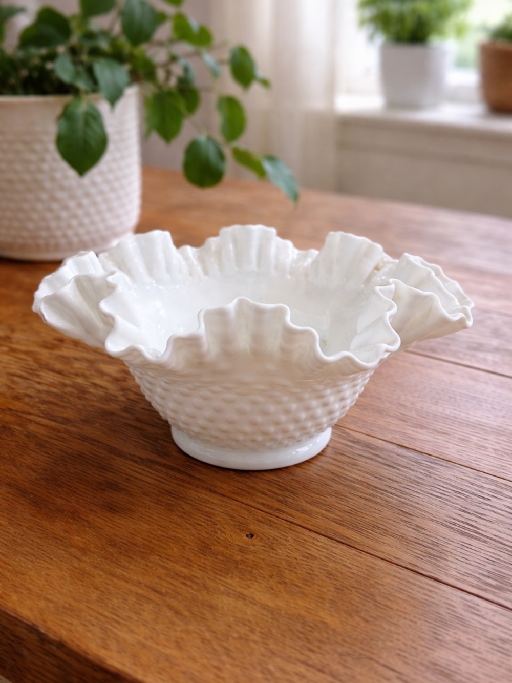 Vintage Hobnail Milk Glass Ruffled Bowl White Fenton Style Cottage Decor